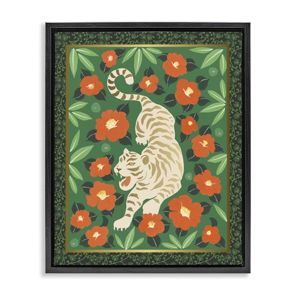 Stupell Industries Eclectic Eclectic Tiger & Hibiscus Black Floating Frame Canvas Art, 17 x 21, by Karolina Sato