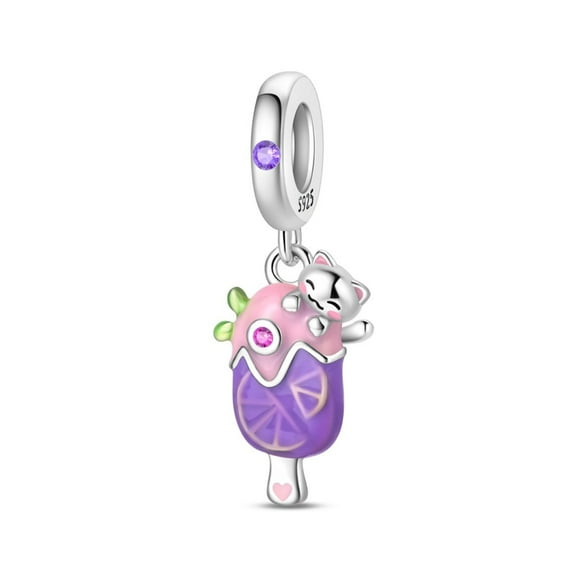 KUNSIR 925 Sterling Silver Charm Cute Cat Popsicle Pendant For European Bracelet