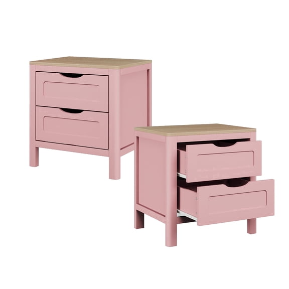 Treocho 2 Drawers Nightstand Set of 2, 20'' Bedside Table, w/Hidden Handles, Wooden, Pink