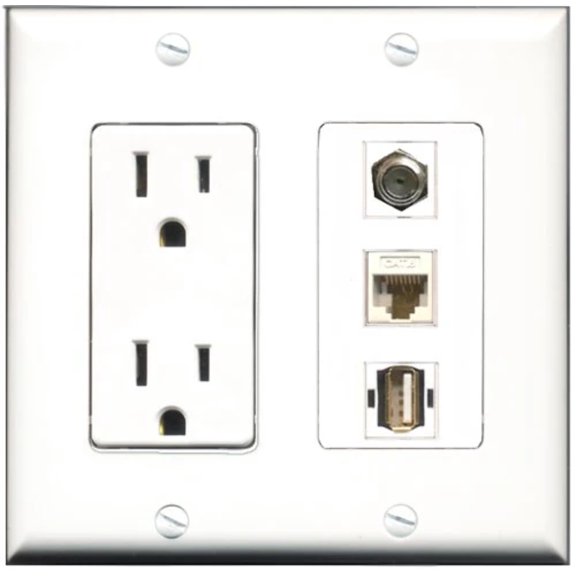 RiteAV - 15 Amp Power Outlet 1 Port Coax 1 Port USB A-A 1 Port Cat6 Ethernet Ethernet White Decorative Wall Plate