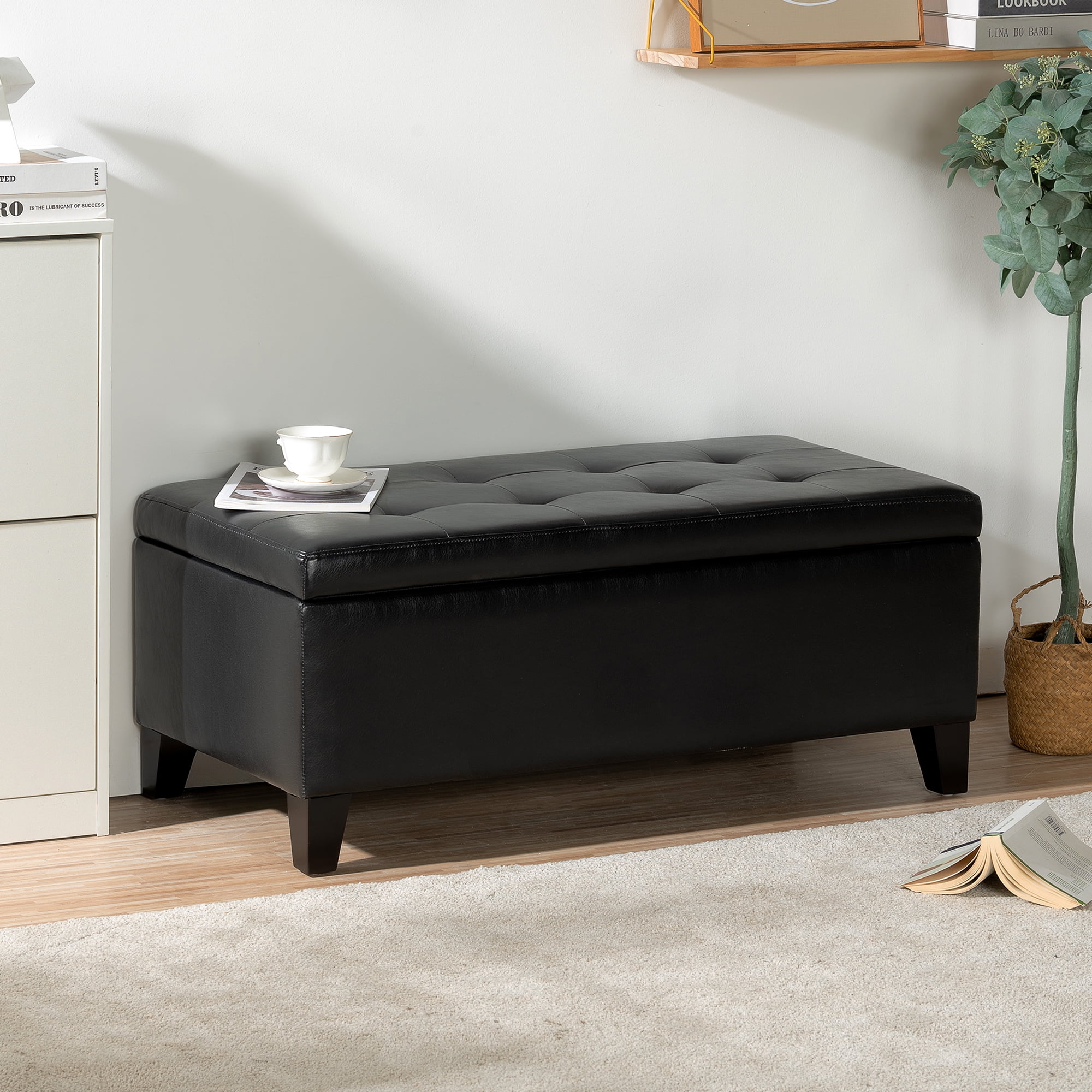 Kadyn 38.4" Storage Ottoman Bench, Folding Bench Chest Foot Rest Stool, End of Bed Bench with Wooden Legs, Black Kadyn 38.4" Storage Ottoman Bench, Folding Bench Chest Foot Rest Stool, End of Bed Bench with Wooden Legs, Black