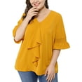 thumbnail image 6 of Agnes Orinda Women's Plus Size Blouse Ruffle Front Smocked Sleeves V Neck Solid Casual Tops 4X Yellow, 6 of 9