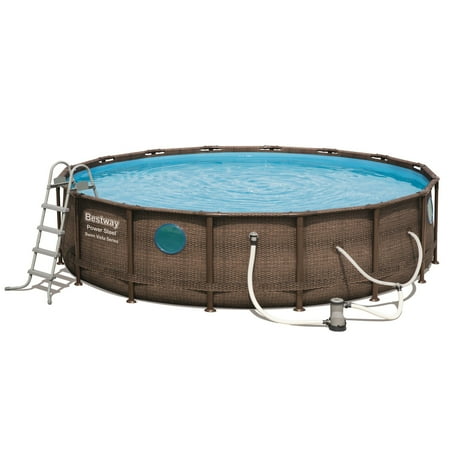 Bestway Power Steel Swim Vista Series II 16' x 48" Round Above Ground Outdoor Swimming Pool Set with Built-in Windows, Filter Pump, Ladder, and Cover