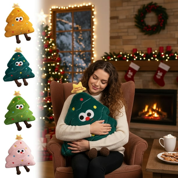 Cojín Navideño de Peluche con Forma de Árbol de Navidad, 50 Cm, Dorado, con Adornos Navideños | Tela Suave de Poliéster | Diseño Festivo de Árbol con Luces y Caritas Sonrientes | Regalo Ideal para To