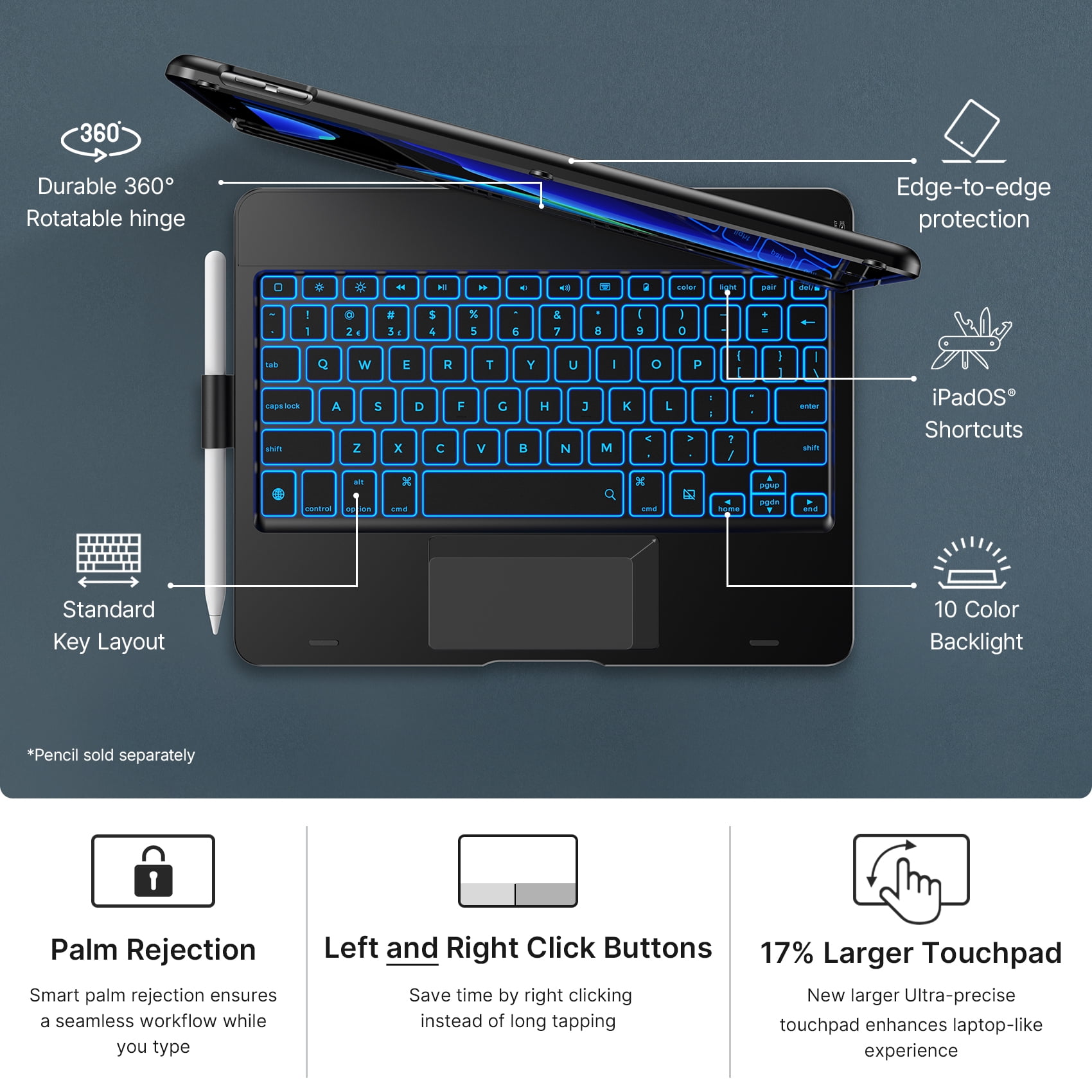 Typecase iPad Keyboard Case with Touch for 10.2 inch iPad 9th Gen 2021, 8th Gen 2020, 7th Gen 2018, iPad Air 3 & iPad Pro 10.5 - Backlight Wireless Keyboard Case with Pencil Holder (Black)