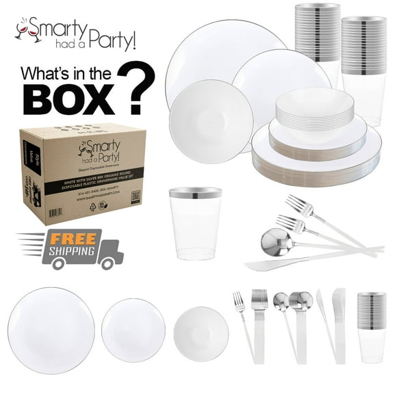 Smarty White with Silver Organic Disposable Plastic Tableware Set (60 Guests)