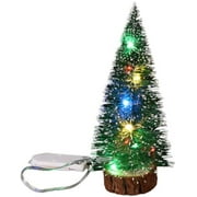 6 Pcs Mini Artificial Christmas Trees Miniature Pine Trees Snow Frosted Sisal Christmas Trees with Wood Bases and LED Lights Bottle Brush Trees for Xmas Holiday Party Tabletop Tree Decor