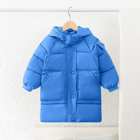 BRGZLK Kids Winter Parka Boys Girls Cute Solid Color Thickened Mid-Length Puffer Jacket Long Sleeved Warm Hooded Outwear Coat with Pockets Blue 5-6 Years