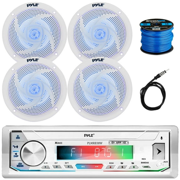 Pyle PLMRB39W LCD Display Single-DIN Marine Bluetooth USB/AUX MP3 Player AM/FM Radio Stereo White Receiver, 4x 6'' 240W Max Power Low Profile 2-Way Blue LED Boat Speakers, Radio Antenna, Speaker Wire