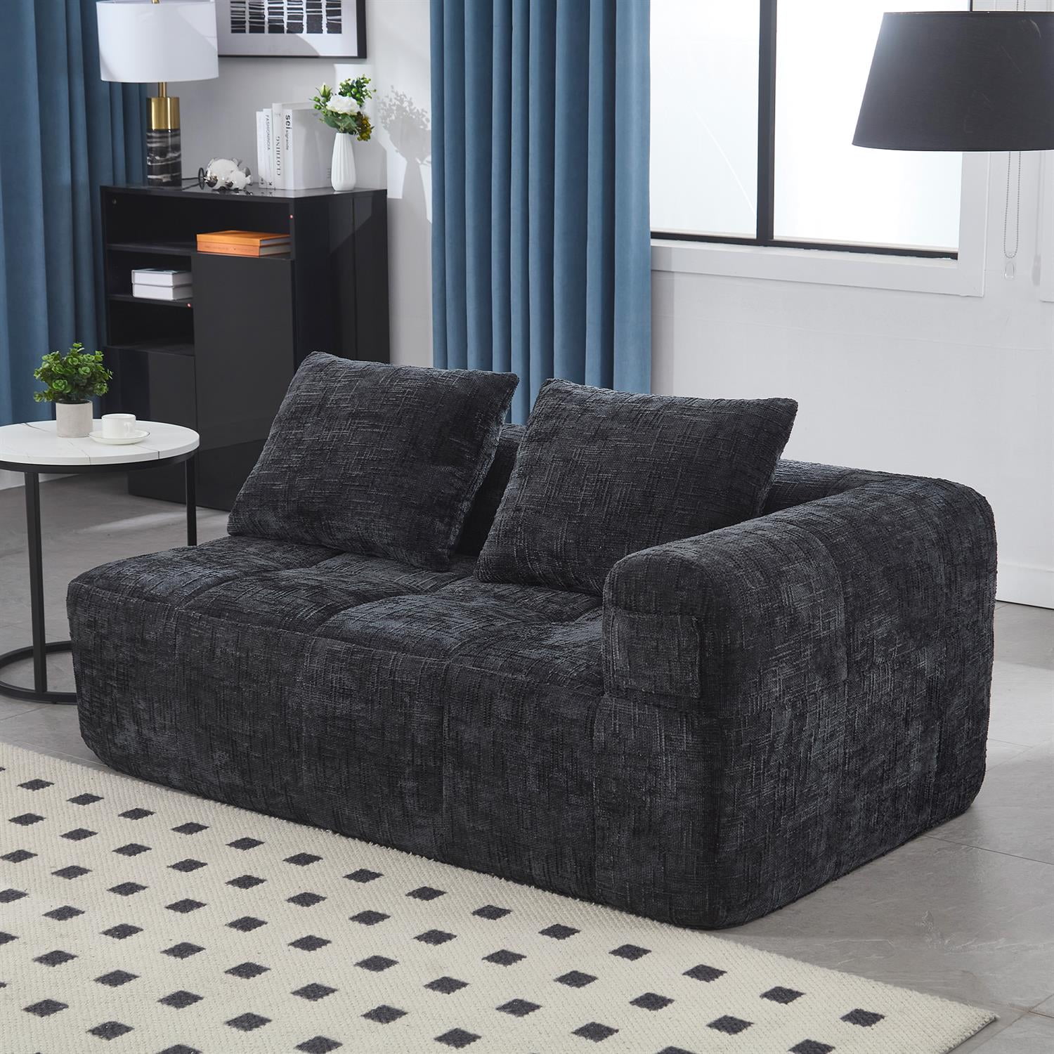 Demi Bonn 62" Plush Chenille Loveseat Sofa, Modular Sleeper for Living Room, Bedroom, Apartment Lounge, Stylish & Comfortable Couch, Black