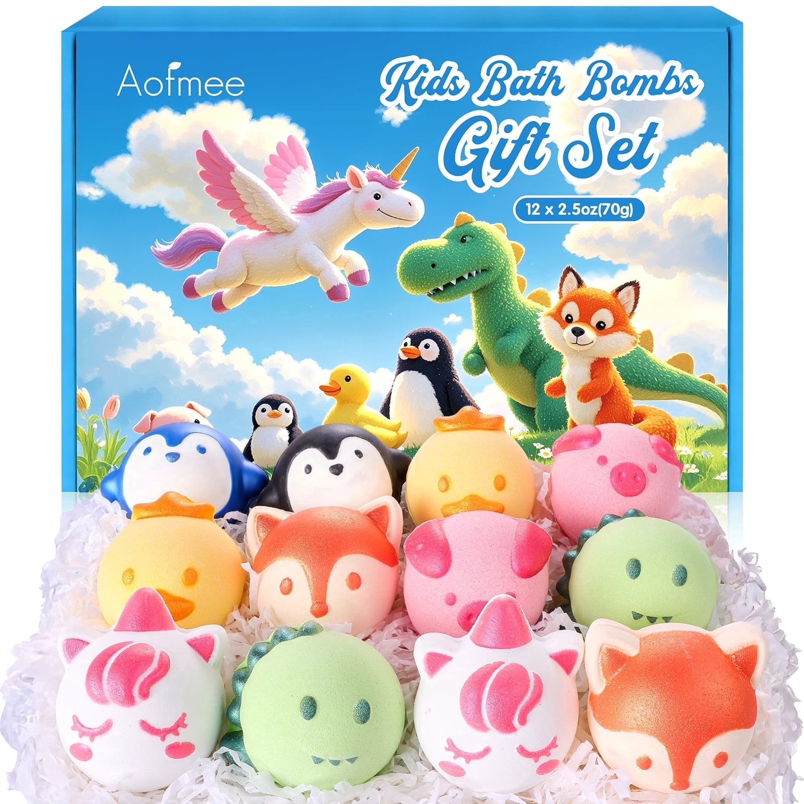 Aofmee Kids Bath Bombs, 12 Pcs Handmade Safe Animal Shapes Bubble Bath, Fun Spa Bath Gift Set for Boys and Girls Birthday Christmas
