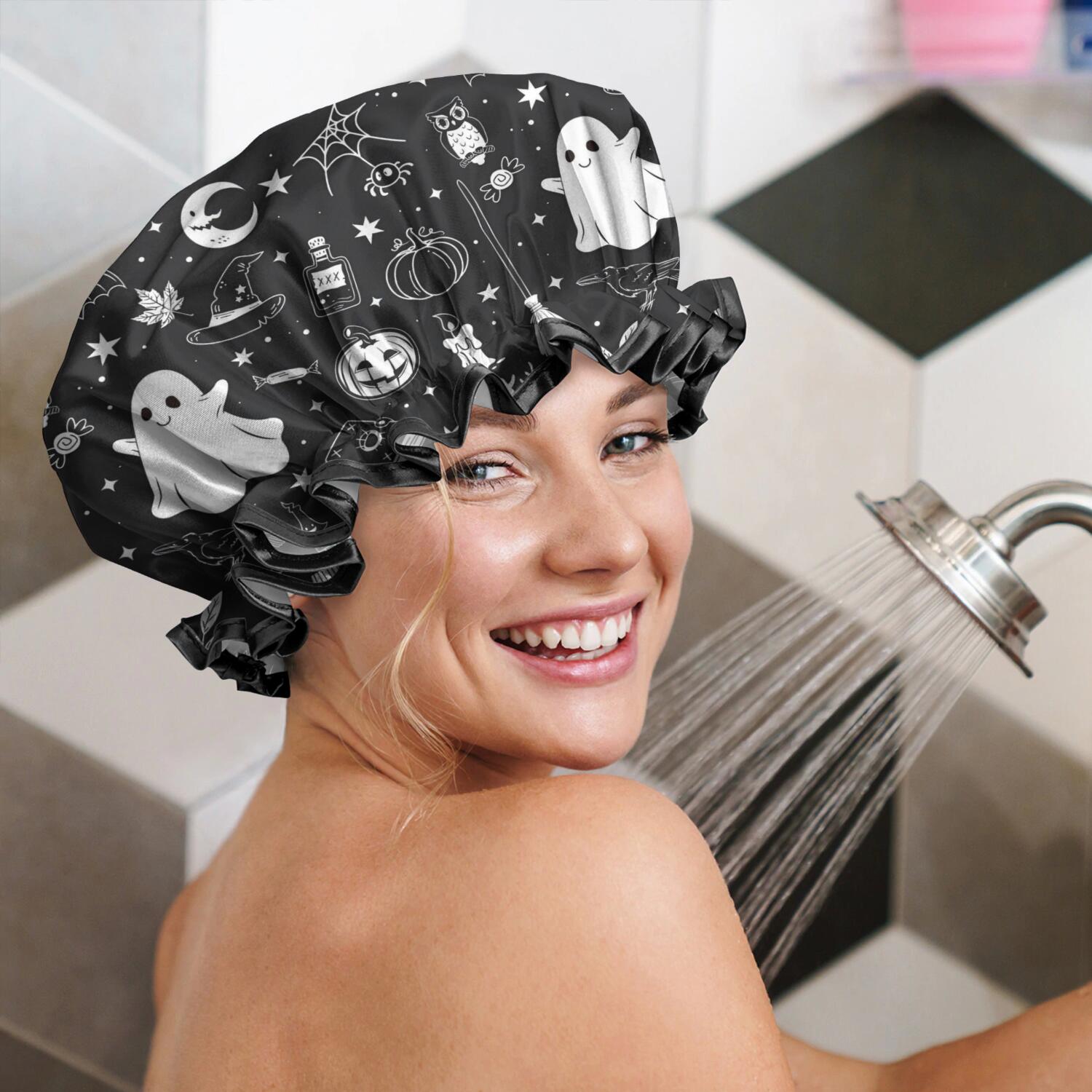 Shower Caps,Black and White Halloween Elements Pattern Waterproof Shower Cap for Women 4 Pieces,Double Reusable Hair Cover for Shower PEVA Elastic Stretch Hem