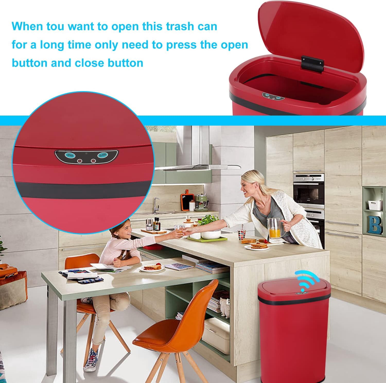 BIQWBIC 13 Gallon Automatic Trash Can, Touchless Stainless Steel Kitchen Garbage Can, Red