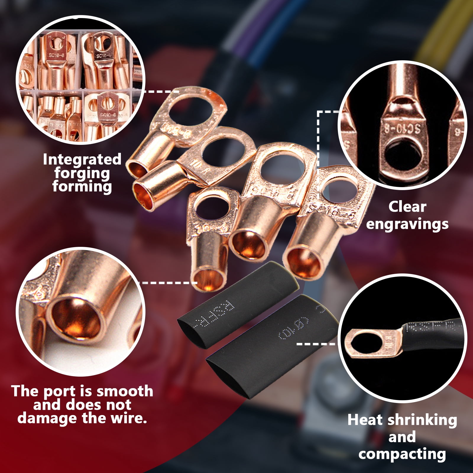 Aniceparthy 260pc Copper Wire Lugs ring terminal block SC peephole terminal block Wire Connectors Kit for Marine,Automotive,Cables,Appliances(120PCS terminals+140PCS heat shrink tubing)