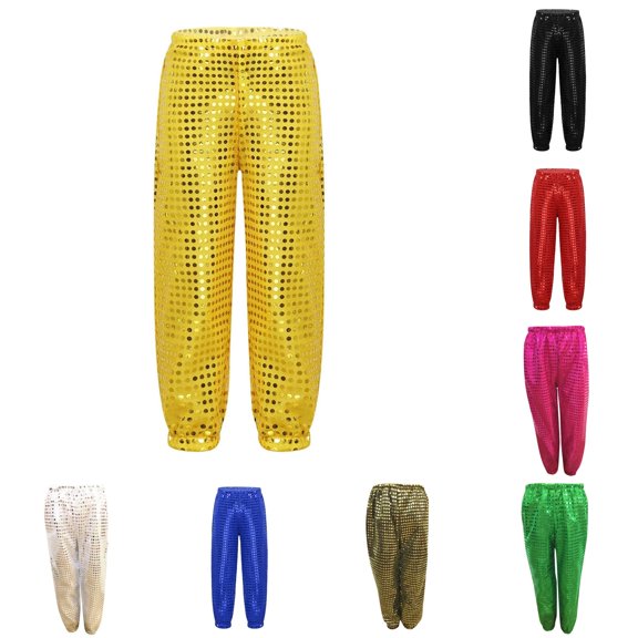 Ulitacool Girl Pants 9-10 Years Straight Leg High Waist Sequins Loose Jazz Hop Street Dance Haren Trousers Dancewear Trend Wear Yellow