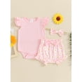 thumbnail image 3 of Musuos Baby Girls 3Pcs Summer Outfit 3 6 9 12 18Months Fly Sleeve Crew Neck Romper + Bow Front Shorts + Headband Set Cute Clothes, 3 of 10