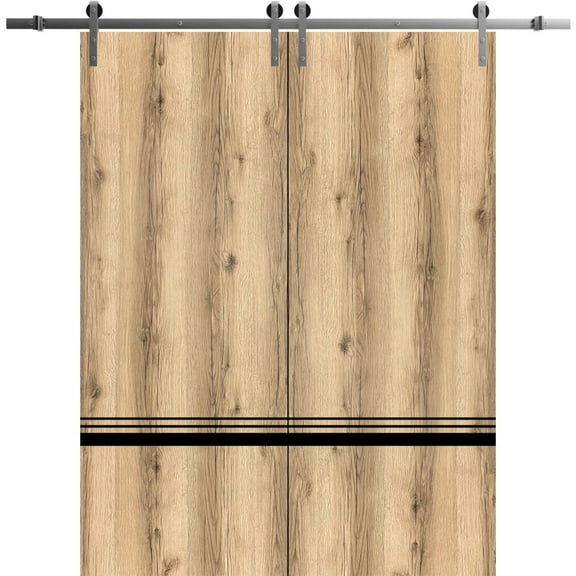 Sturdy Double Barn Door 36 x 80 inches with | Planum 0012 Oak with Frosted Glass | Stainless Steel 13FT Rail Hangers Heavy Set | Solid Panel Interior Doors