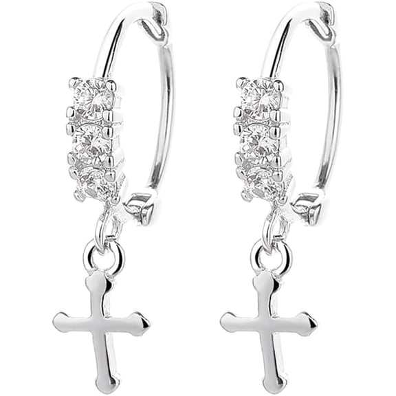Cross Dangle Drop Earrings for Women 925 Sterling Silver Cubic Zirconia Small Hoop Earrings Hinged Huggie Hoops Dangling Christmas Jewelry