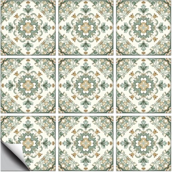18 Pcs Green Complex Pattern Tile Sticker Geometric Pattern Peel and Stick Wall Stickers Waterproof Self Adhesive Stick on Tile Decals for Kitchen Bathroom Wall Art Decor 6×6 Inch