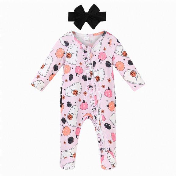 WXFAZCVU Halloween Baby Girl Outfit Pumpkin Jumpsuit Long Sleeve Romper and Bow Headband Size 3-6 Months
