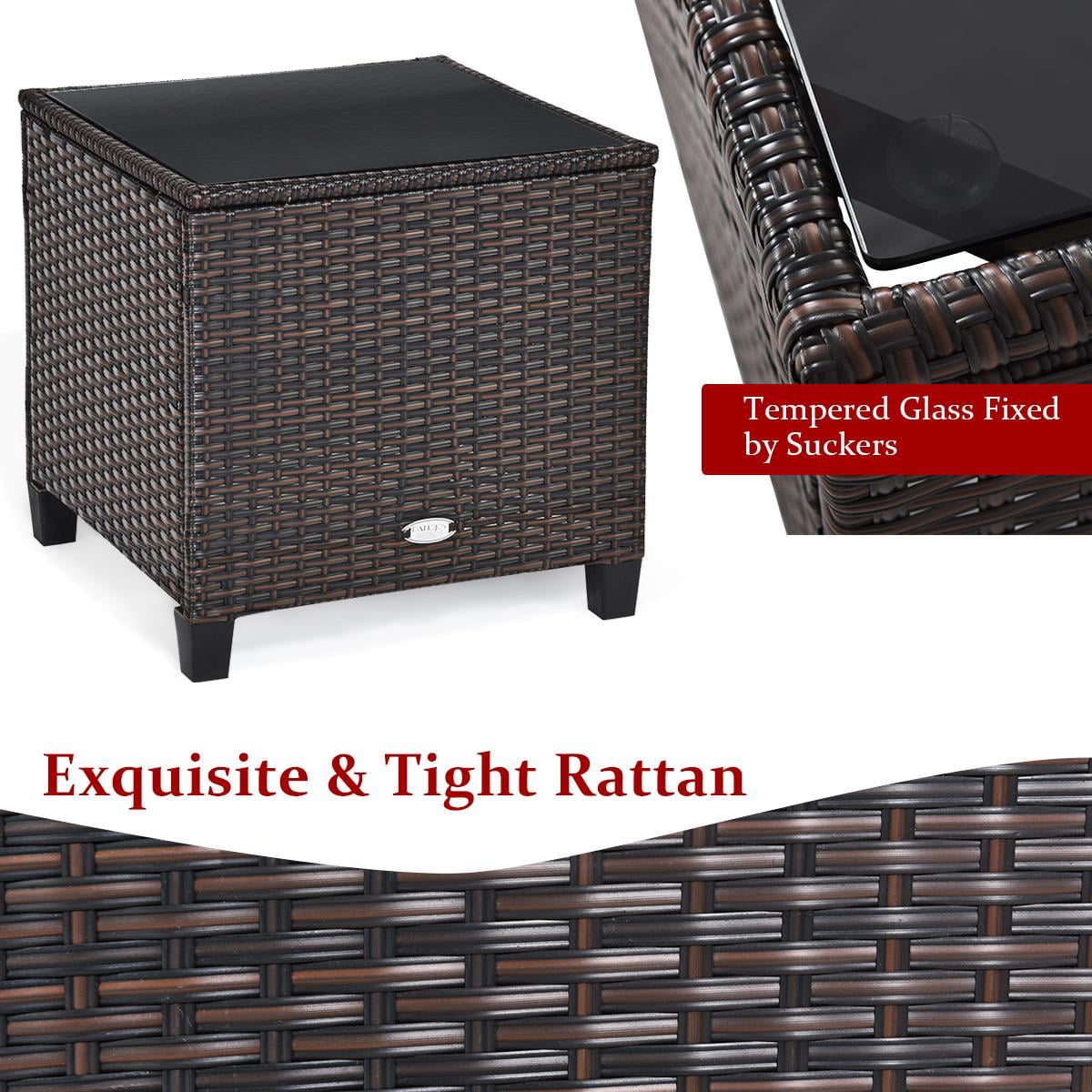 Giantex 3 Pieces Steel Rattan Patio Outdoor Sofa Set Cushion and Tempered Glass Tabletop Set, Red