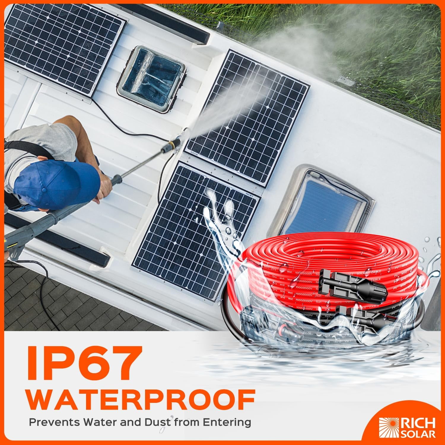 RICH SOLAR 10 Gauge 10AWG One Pair 50 Feet Red + 50 Feet Black Solar Panel Extension Cable Wire with Female and Male Connectors+Y Branch Connectors (50FT 10AWG+Y2)