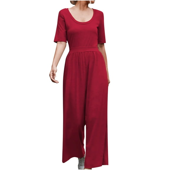 Women Short Sleeve Summer Solid Jumpsuits Casual U Neck Elastic Waist Wide Leg Cropped Pant Loose Flowy Comfy Rompers