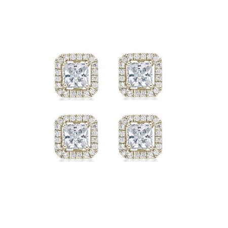 Paris Jewelry 14k Yellow Gold 6mm 3Ct Princess Cut White Sapphire Set of Two Halo Stud Earrings Plated