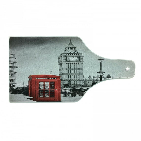 London Cutting Board, Famous Telephone Booth and the Big Ben in England Street View of Town Retro, Decorative Tempered Glass Cutting and Serving Board, Wine Bottle Shape, Red Grey, by Ambesonne