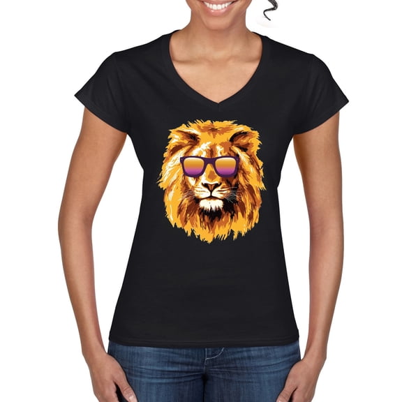 Lion With Sunglasses Animal Lover Women's Standard V-Neck Tee, Black, Small