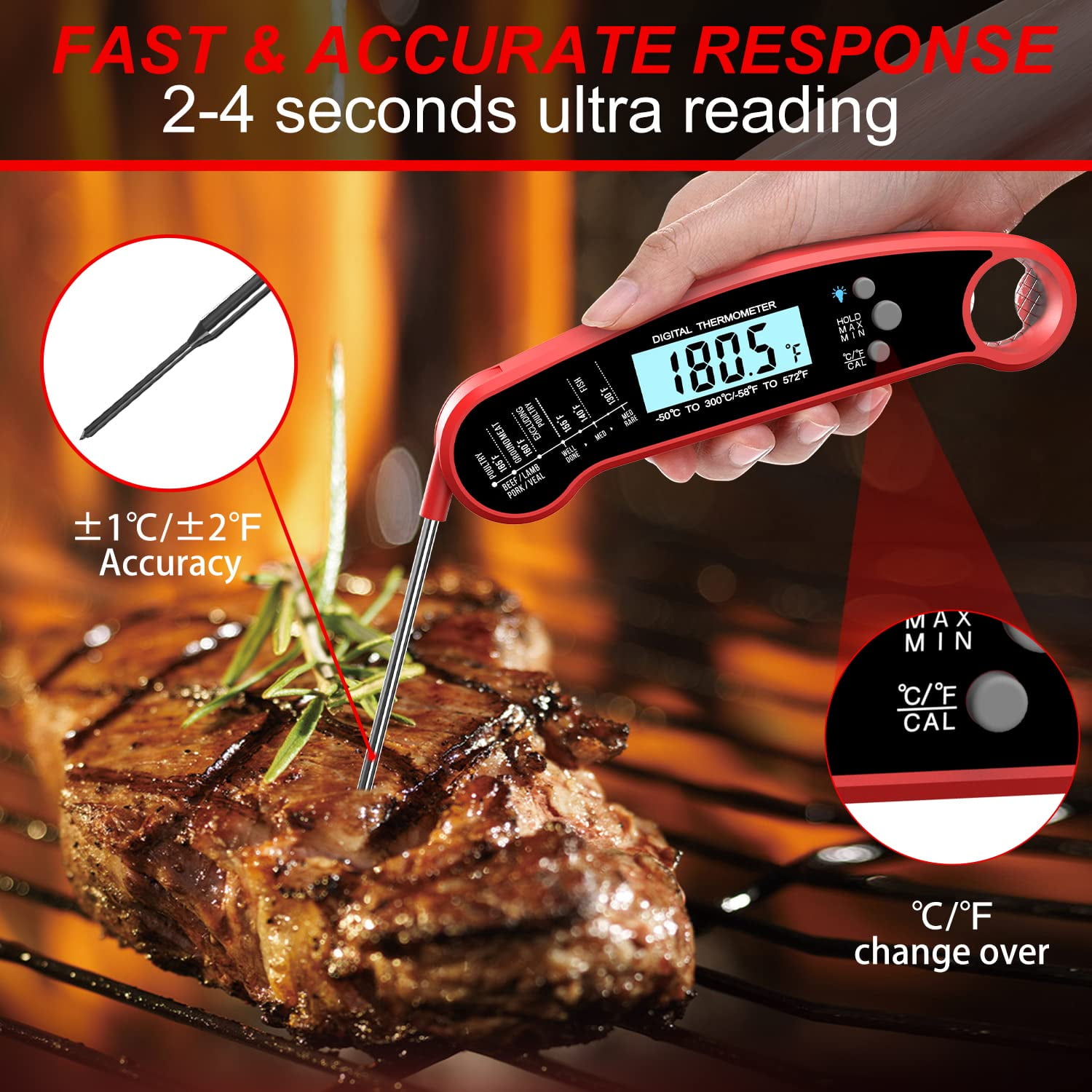 Natures Craft Digital Meat Thermometer - Instant Read Ultra Fast Wireless Thermometer for BBQ and Kitchen
