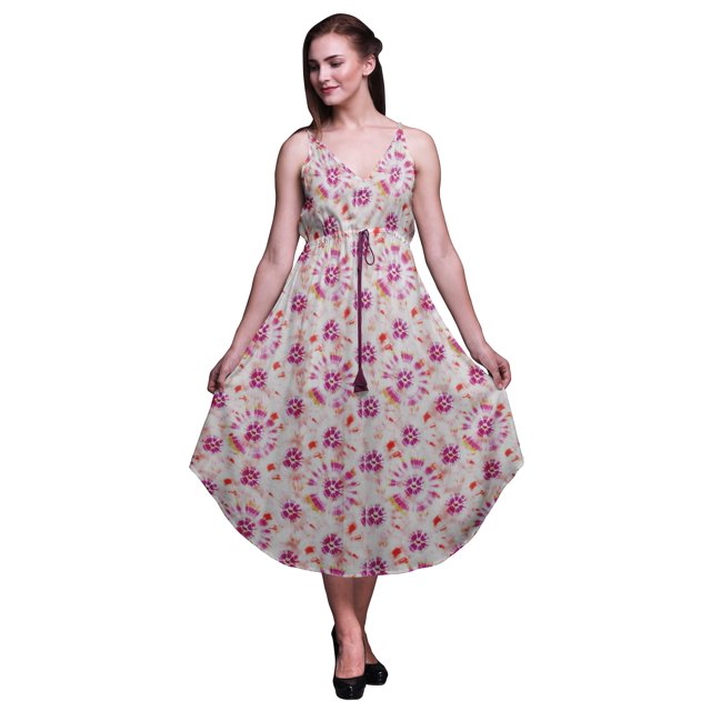 Bimba Robe Imprimée Florale Teinture sur Nœuds pour Femmes Bretelles Spaghetti Col en V Midi Tenue de Plage-TTTG