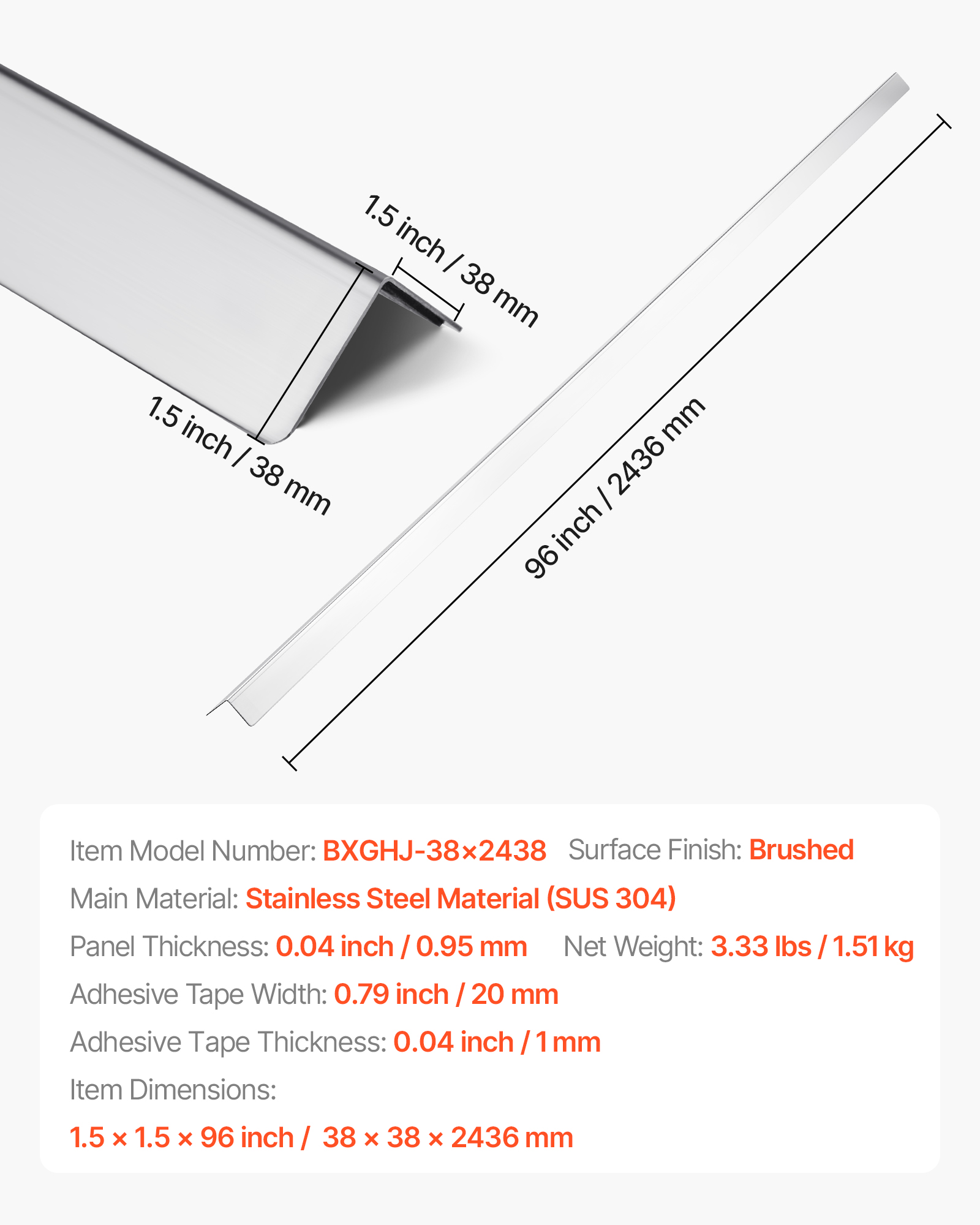 VEVOR Stainless Steel Wall Corner Protector, 1.5 x 1.5 x 96 inch, 10 Pack Metal Corner Guards, 304 Stainless Steel Edge Trim 90-Degree Angle for Home,Office,Commercial Wall Protection, with 3m Tape
