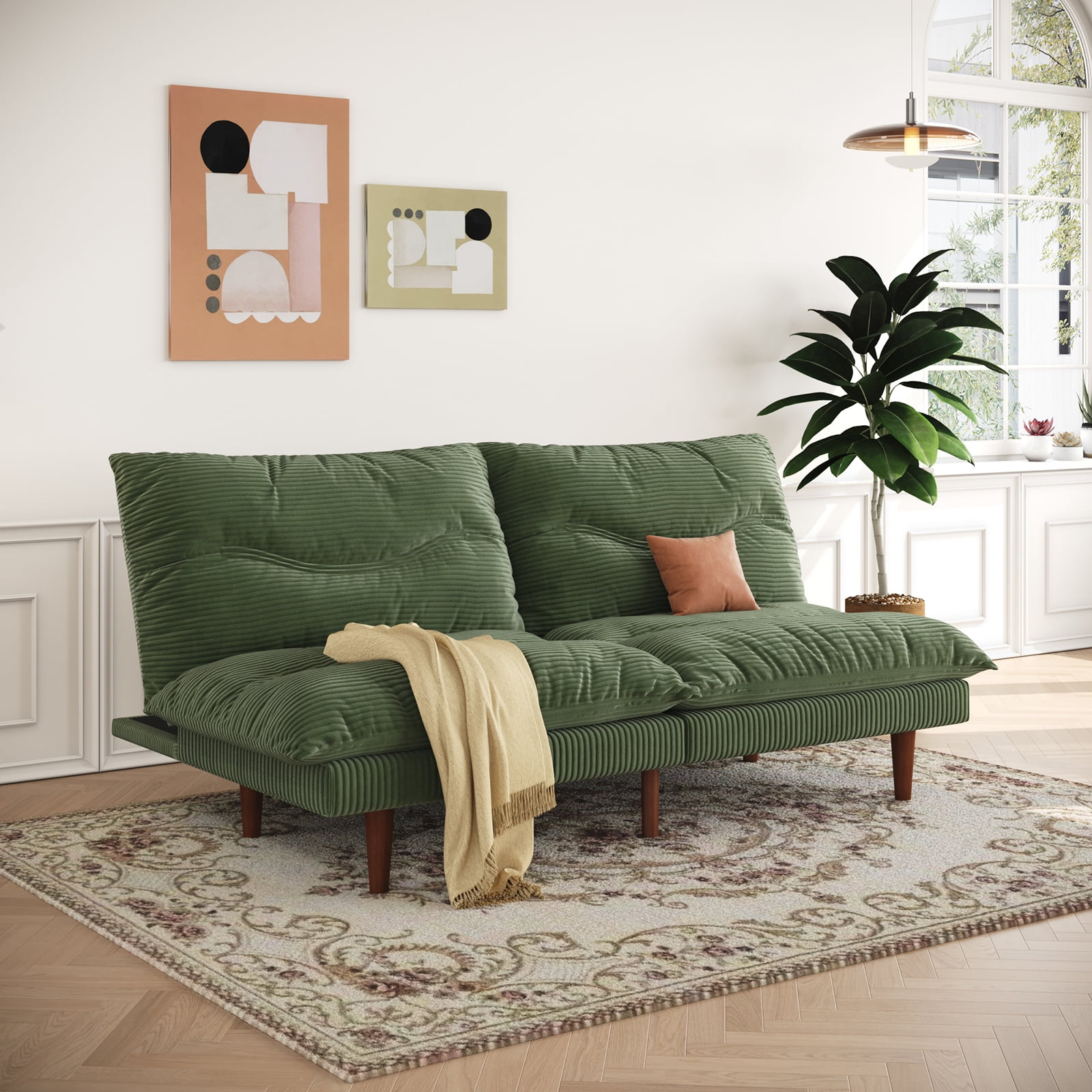 LLappuil 71" Corduroy Futon Convertible Sofa Bed, Loveseat Sleeper Sofa Couch for Living Room Apartment Green