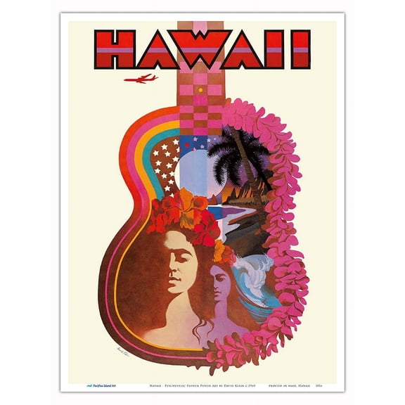 Hawaii - Hawaiian Ukulele Psychedelic Flower Power Art - Vintage Travel Poster by David Klein c.1960 - Master Art Print (Unframed) 9in x 12in