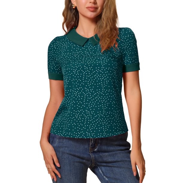 INSPIRAR CHIC Blusas de Manga Corta con Cuello Peter Pan en Contraste de Lunares M Azul Verde Blanco