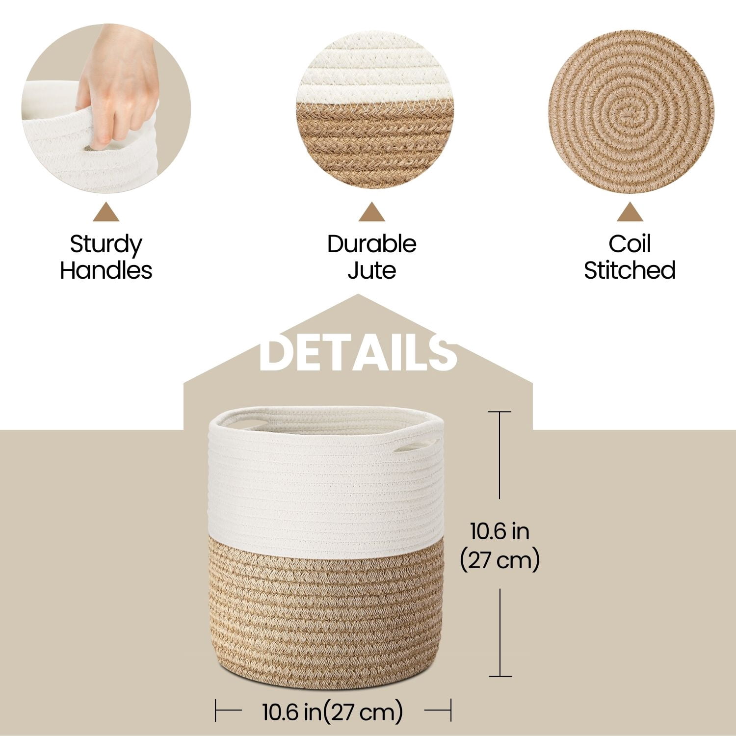 Plant Basket Modern Urban Boho Rattan Cotton Rope Basket Indoor Planter Holder (Up to 10 Inch Flower Pot) Macrame Woven Storage Organizer Bin with Handles linen mix Home Decor 11" x 11"