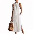 thumbnail image 2 of QUNYINEY White Womens Sundresses Sleeveless Long Cotton Summer Tank Dress Crew Neck Slit Loose Fit Casual with Pockets Dresses, 2 of 6