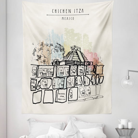 Mexican Tapestry, Building in Chichen Itza Tzompantli Kukulkan Crypt Tomb Pyramid El Castillo, Fabric Wall Hanging Decor for Bedroom Living Room Dorm, 5 Sizes, Multicolor, by Ambesonne