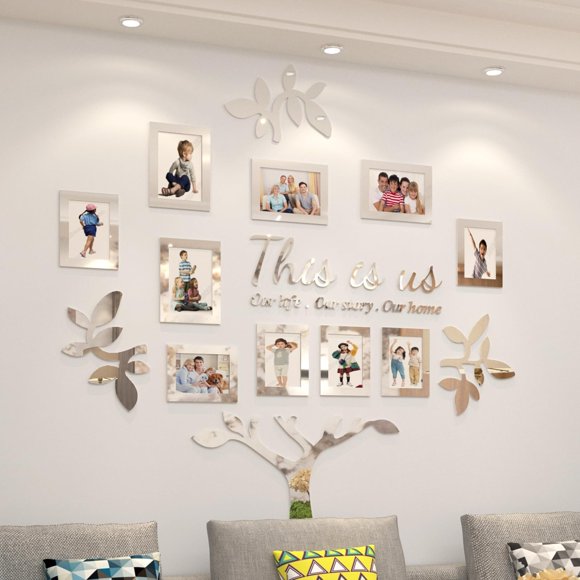 ERDS-Family Tree Picture Frames Collage Wall Decor Home Decorations Acrylic Mirror DIY Stickers for Living Room 3.5x5 4x6 Photo Collage Frame With Sign This is us Silver Set Large 47x47 Inch
