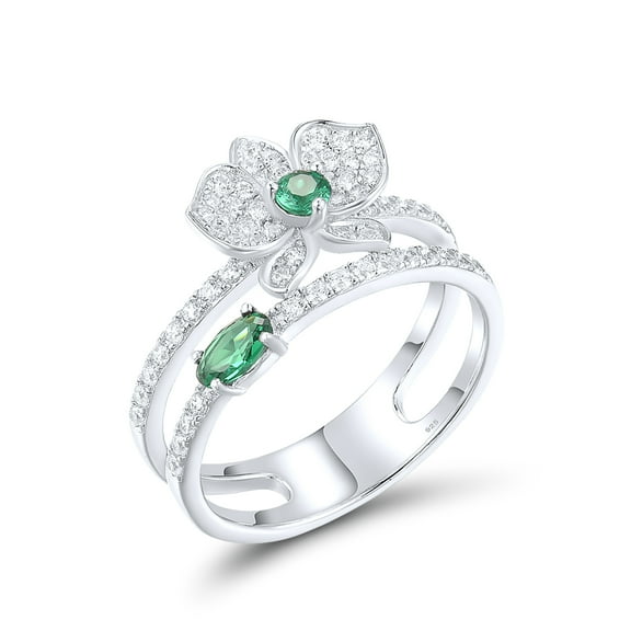Santuzza 925 Sterling Silver White Lily Ring Green Spinel Cubic Zirconia Flower Enhancer Guard Double Ring for Women