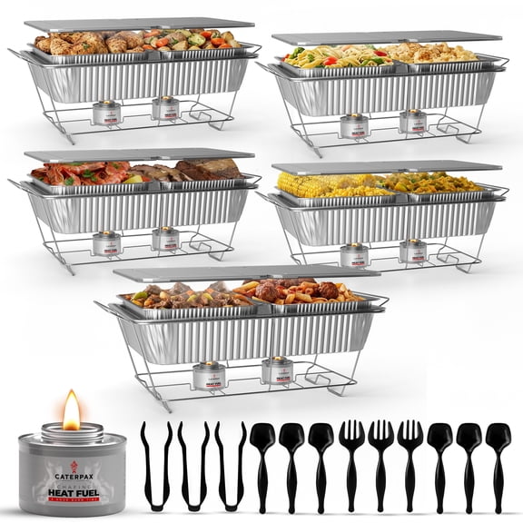 5 Pack Full Size - Disposable Chafing Dish Buffet Set - Catering Food Warmers with Half-Sized Serving Pans, Covers, Racks, Utensils & Fuel Cans - Perfect for Buffets, Parties & Food Serving