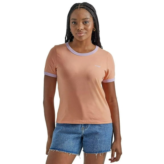 Wrangler Women's Short-Sleeve Relaxed Ringer T-Shirt (Sunrise Orange, Large, L)