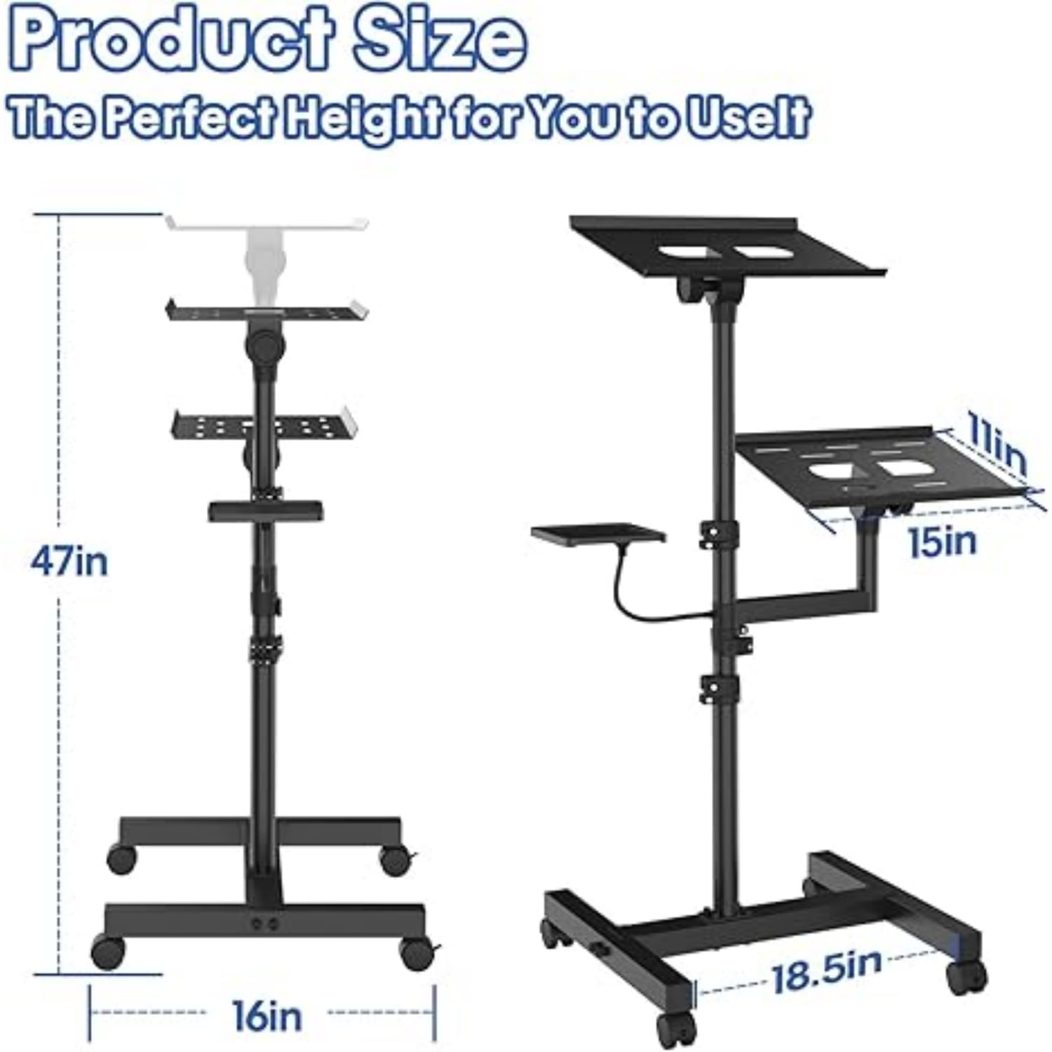 2 Shelves Mobile Projector Stand, Rolling Laptop Stand Adjustable Height to 47 Inches, Podium Stands with Ventilated Tray, Heavy Duty, Laptop Floor Stand for Office, Home, Stage