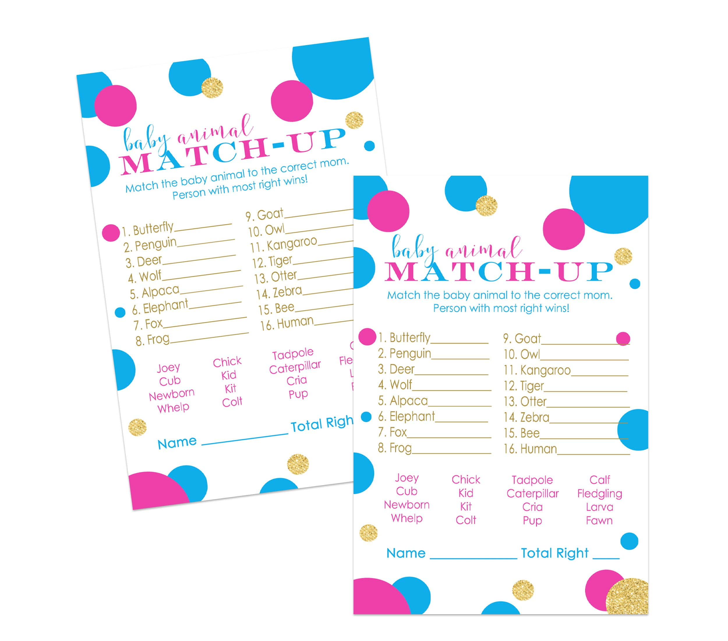 Gender Reveal Animal Match Game 25 Pack Baby Shower Guessing Activity Cards - Pink or Blue Boy Girl Theme - Printed Set 4X6 Size - Paper Clever Party