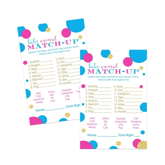 Gender Reveal Animal Match Game 25 Pack Baby Shower Guessing Activity Cards - Pink or Blue Boy Girl Theme - Printed Set 4X6 Size - Paper Clever Party