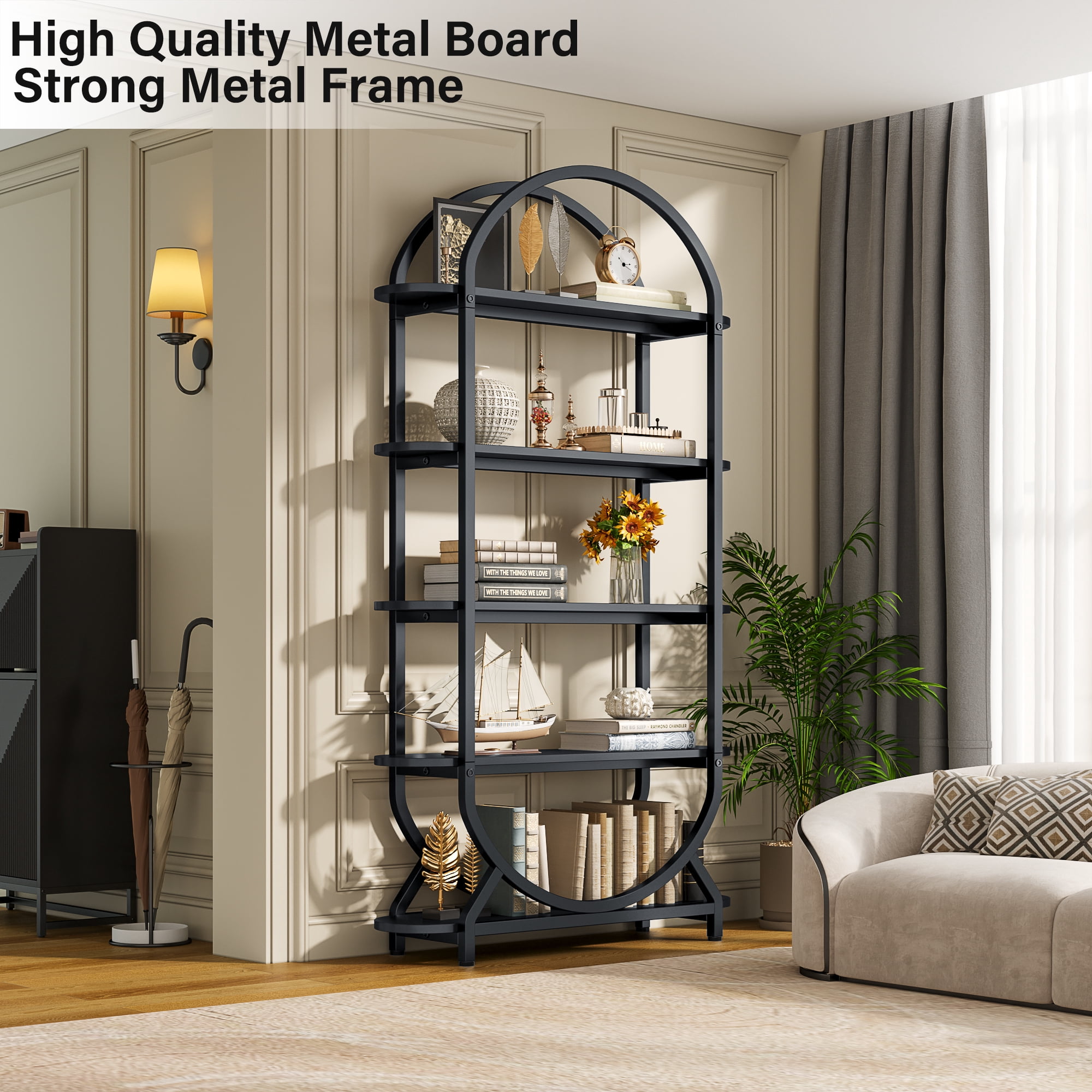 Modfurne Tall Bookshelf Arched Bookcase, Modern 5-Tier Book Shelves with Storage Organizer Living Room, Library, Home Office, Black