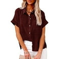 thumbnail image 2 of DDAPJ pyju Summer Tops for Women 2024 Plus Size Cotton Linen Button Down Shirts Basic Solid Short Sleeve V Neck Collared Shirt Loose Fit Tunic 50% Percent off Deals Today Wine L, 2 of 9