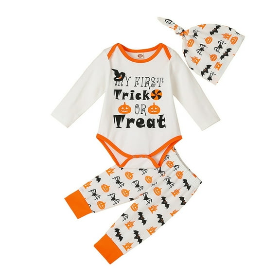 Mercatoo Toddler Baby Boys Girls Halloween Clothes Long Sleeve Pumpkin Letter Print Rompers Tops and Pants Set Girls Fall Outfits