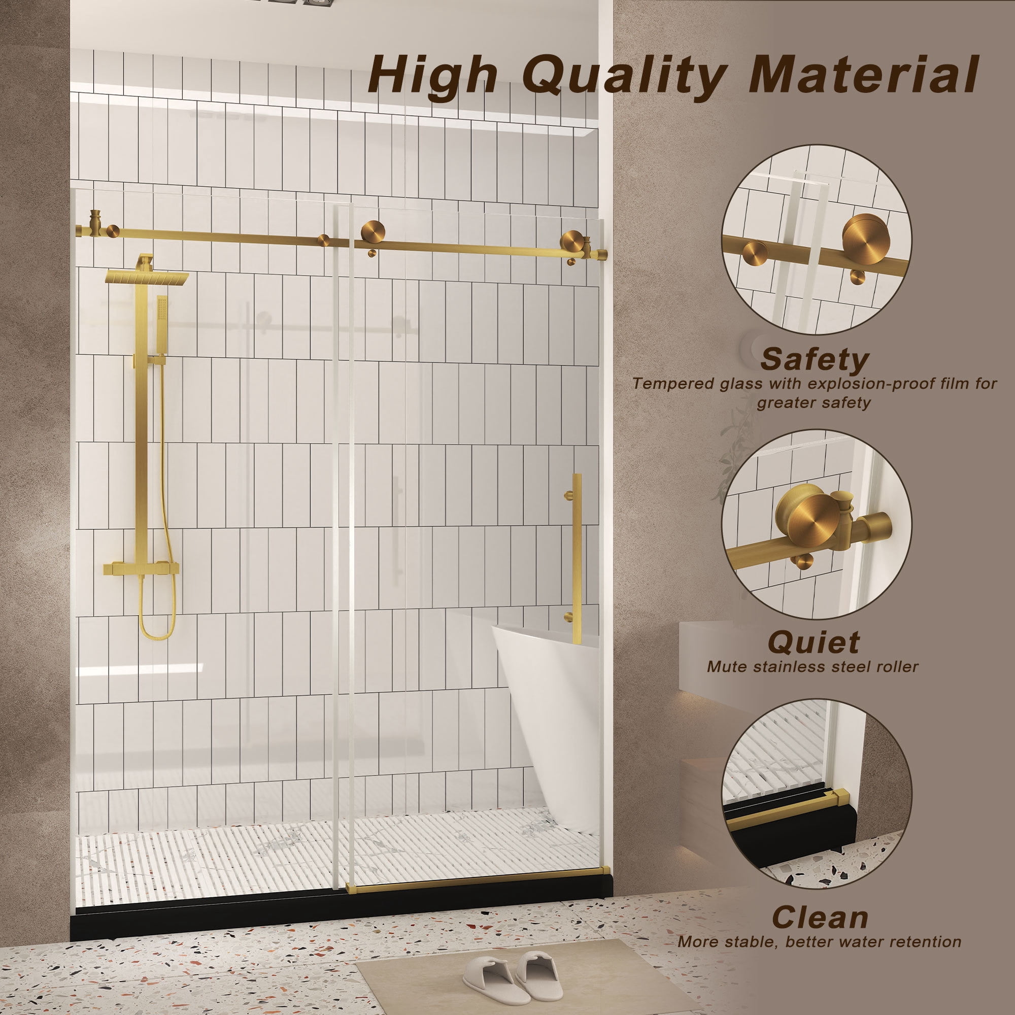 Leumius Frameless Sliding Shower Door,56-60"W x 76" H,1/4" Clear Tempered Glass,Stainless Steel Handle,Brushed Gold